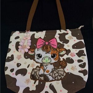 Cute Cow Print Canvas Tote Bag with Pink Bow Accent